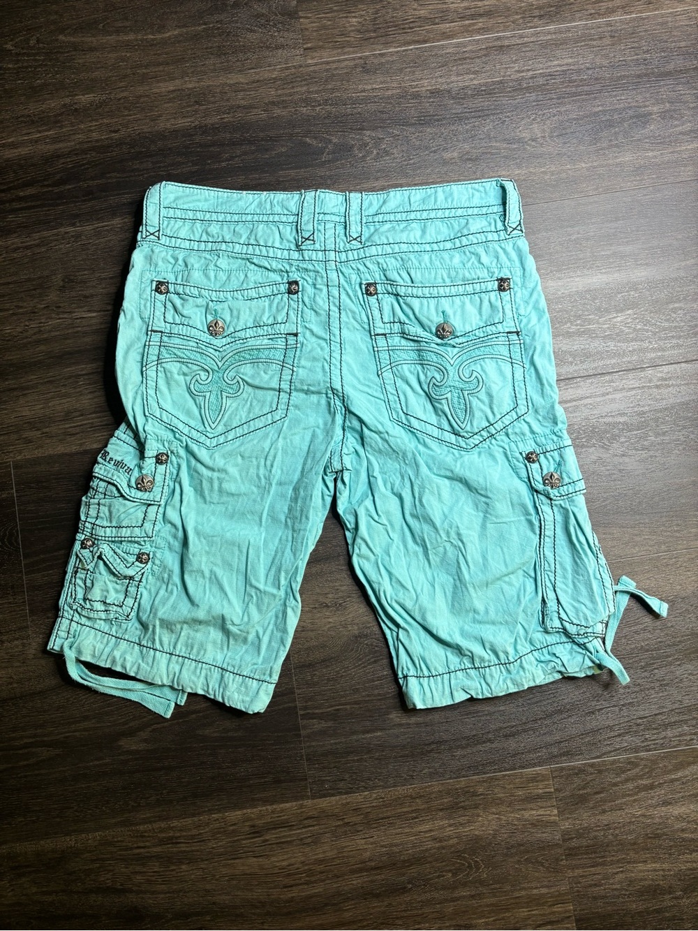 RARE Y2K Rock Revival Turquoise Blue Green Cargo Shorts 32/24 Baggy Grunge